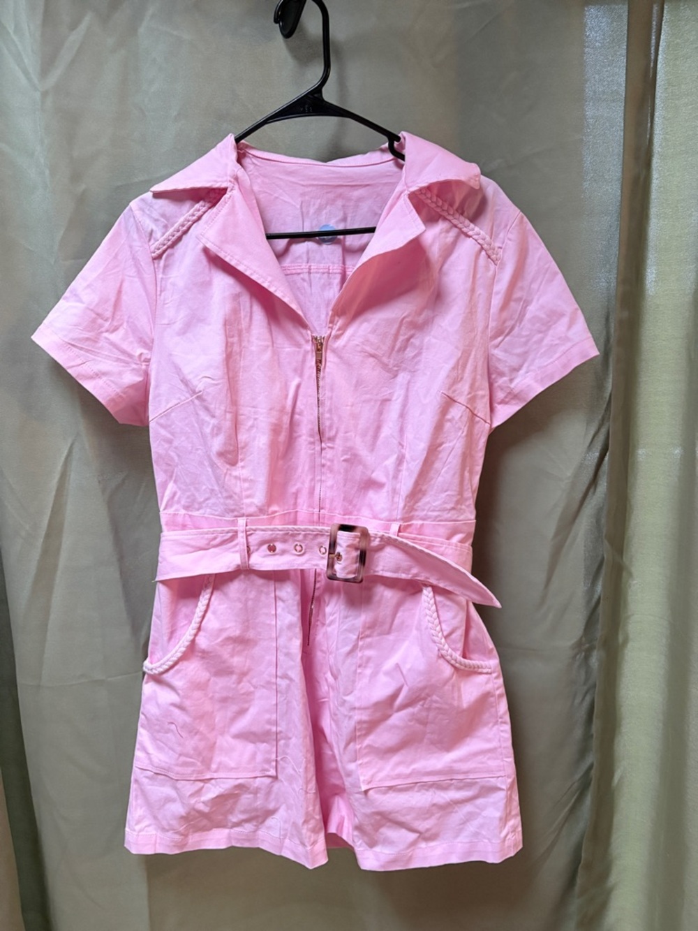 Pink Belted Utility Romper Shorts – Zip Front, Pockets, Size Large